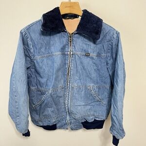 Vintage Wrangler Denim Bomber Jacket Sherpa Lined Men's‎ Large Coat USA 1970s